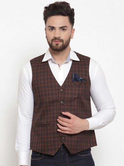 

NEUDIS Men Black & Rust Orange Checked Waistcoat