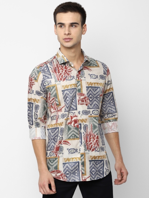 

SIMON CARTER LONDON Men Cream-Coloured & Navy Blue Regular Fit Printed Casual Shirt