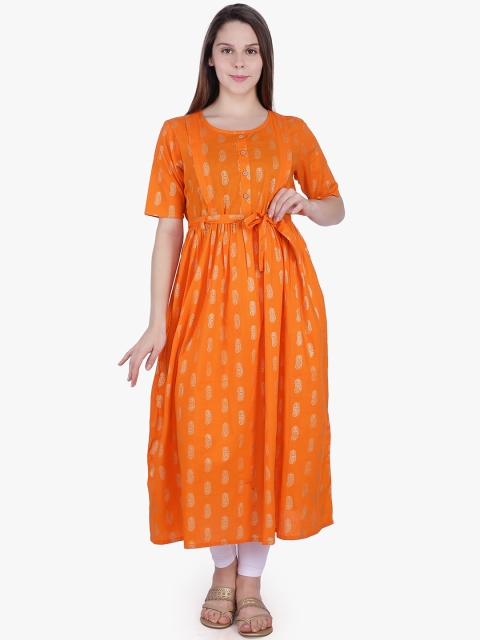 

MomToBe Women Orange Printed Anarkali Maternity Kurta