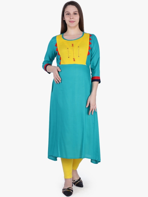 

MomToBe Women Sea Green & Yellow Yoke Design A-Line Maternity Kurta