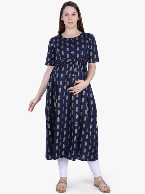 

MomToBe Women Navy Blue Printed Maternity Anarkali Kurta