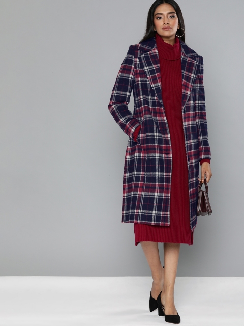 

Chemistry Women Navy blue & Maroon Checked Knee Length Trench Coat