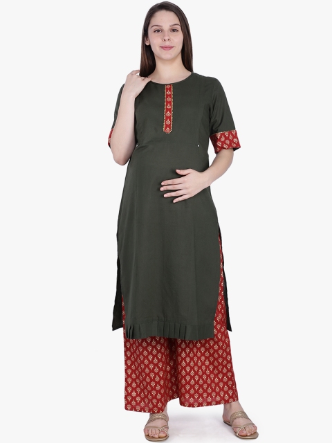 

MomToBe Women Green & Red Solid Pure Cotton Maternity And Feeding Kurta with Palazzos