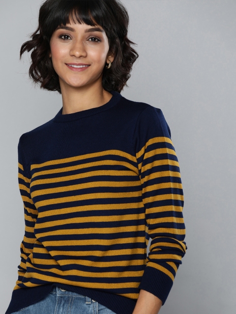 

Chemistry Women Navy Blue & Mustard Yellow Striped Acrylic Pullover Sweater