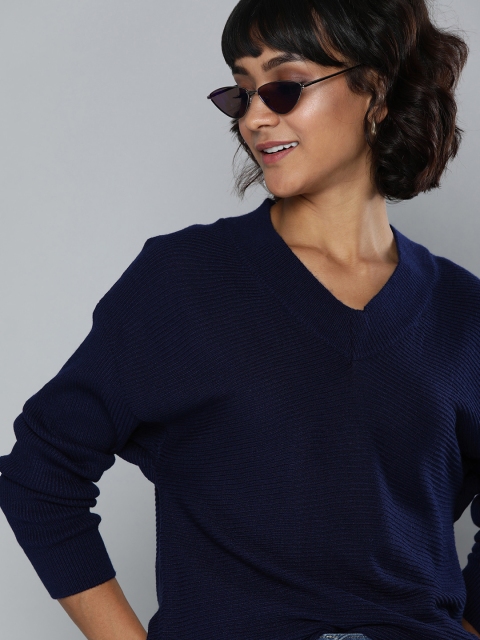 

Chemistry Women Navy Blue Self Design Pullover Sweater