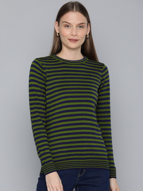 

Chemistry Women Olive Green Striped Acrylic Pullover Sweater