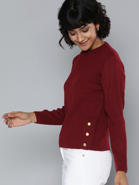 

Chemistry Women Maroon Self Design Pullover Sweater