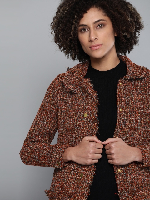 

Chemistry Women Orange & Beige Self Design Tailored Jacket