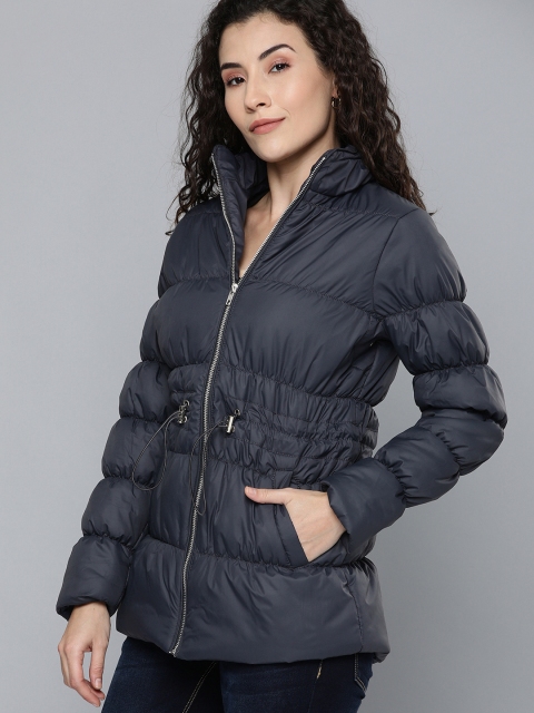 

Chemistry Women Navy Blue Solid Puffer Jacket with Waist Tie-Up Detail