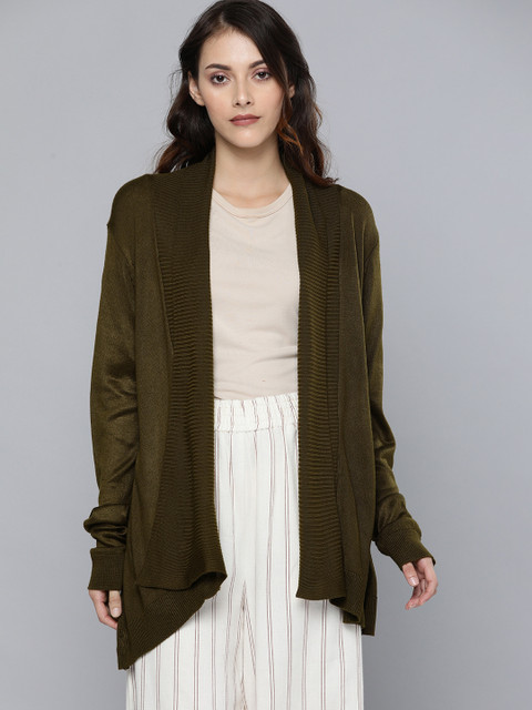 

Chemistry Women Olive Green Solid Open Front Acrylic Shrug