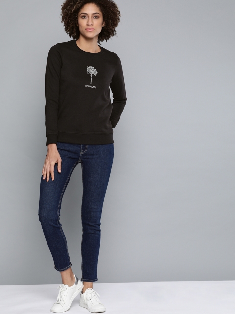 

Chemistry Women Black Solid Sweatshirt With Printed Detail