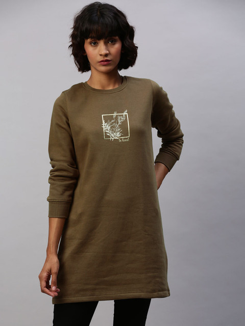 

Chemistry Women Olive Green Printed Longline Pullover Sweatshirt