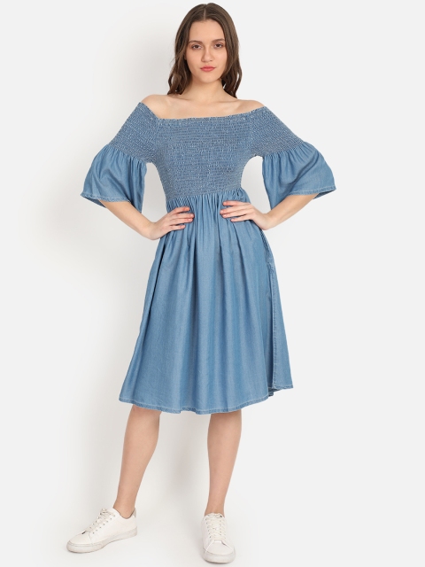 

COVER STORY Women Blue Solid Smocked A-Line Dress