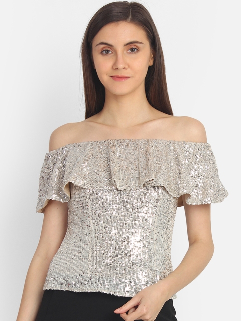 

COVER STORY Women Silver-Coloured Embellished Bardot Top