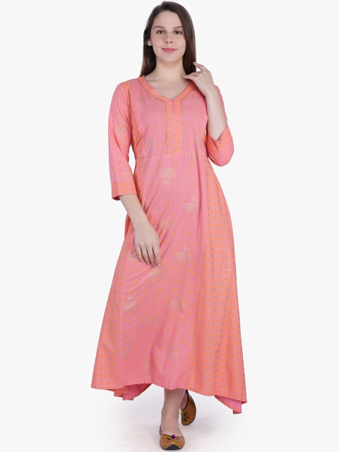 

MomToBe Women Peach-Coloured Checked Maternity Fit and Flare Dress