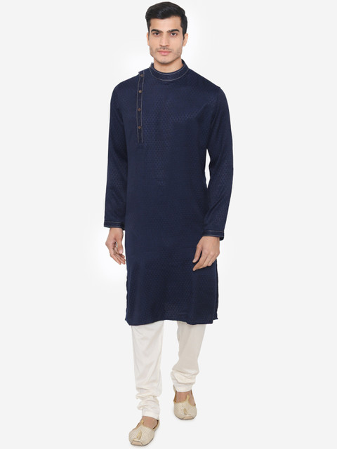 

Manyavar Men Navy Blue Self Design Kurta with Churidar