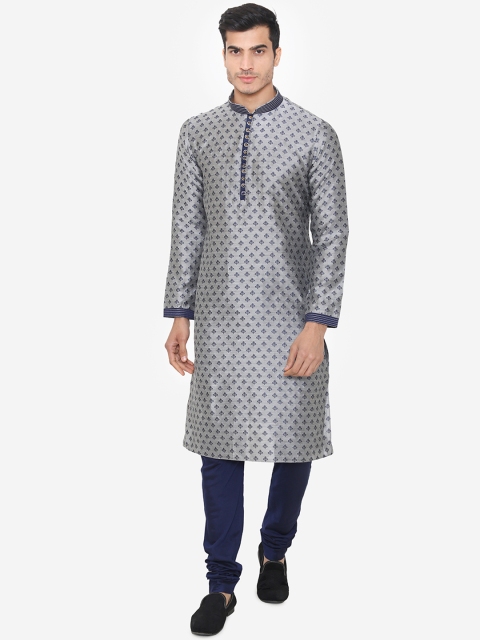 

Manyavar Men Grey & Navy Blue Self Design Kurta with Churidar