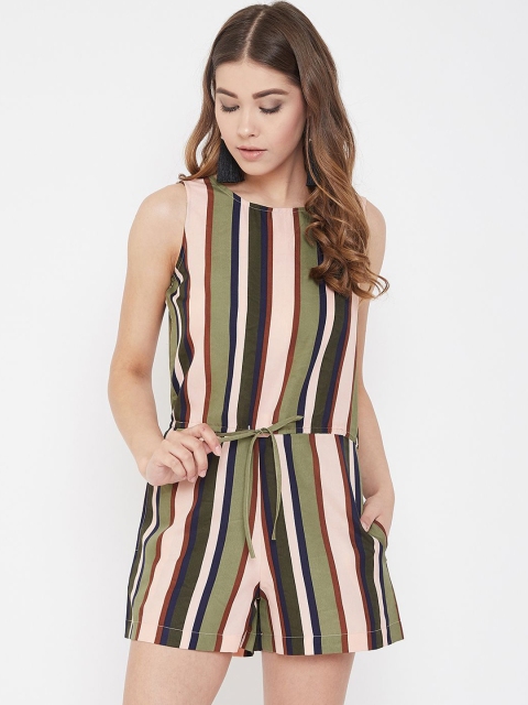 

PURYS Women Olive Green & Pink Striped Playsuit