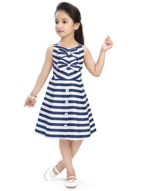 

Doodle Girls Navy Blue & White Striped Fit and Flare Dress