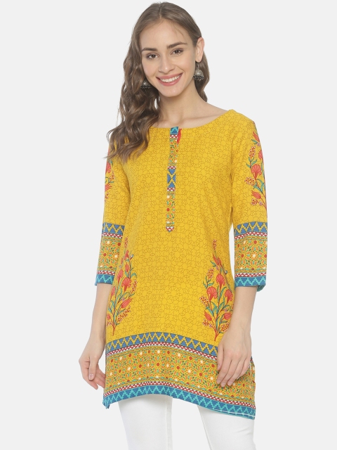 

Mytri Women Yellow & Blue Floral Printed Straight Kurta