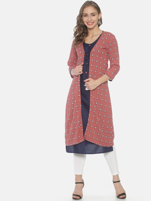 

Mytri Women Peach-Coloured & Blue Printed A-Line Kurta