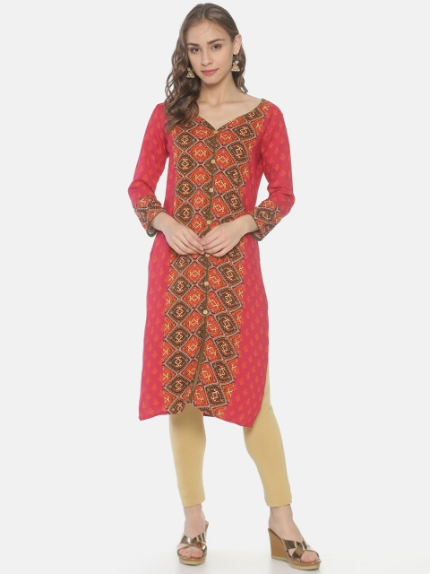 

Mytri Women Pink & Orange Printed Straight Kurta