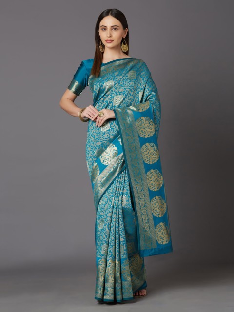 

Mitera Turquoise Blue & Gold-Coloured Silk Blend Woven Design Kanjeevaram Saree