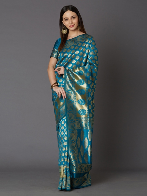 

Mitera Teal Blue & Gold-Coloured Silk Blend Woven Design Kanjeevaram Saree