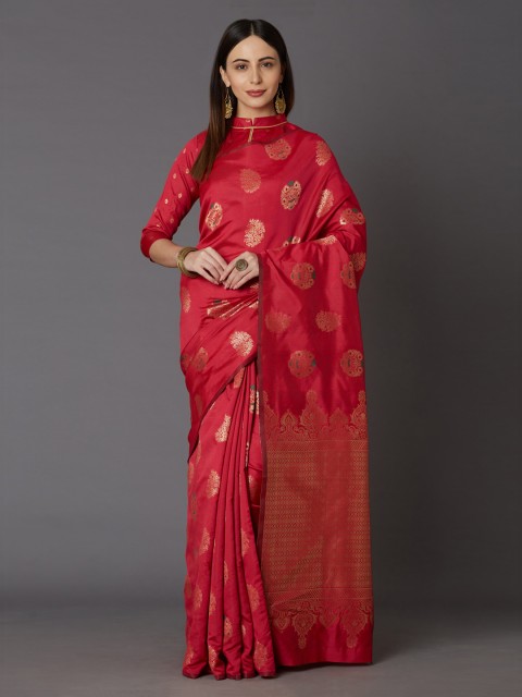 

Mitera Coral Pink & Gold-Coloured Silk Blend Woven Design Kanjeevaram Saree