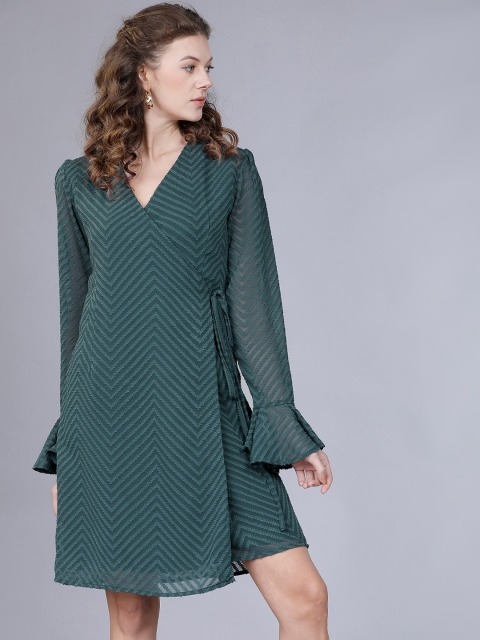 

Tokyo Talkies Women Green Self Design Wrap Dress