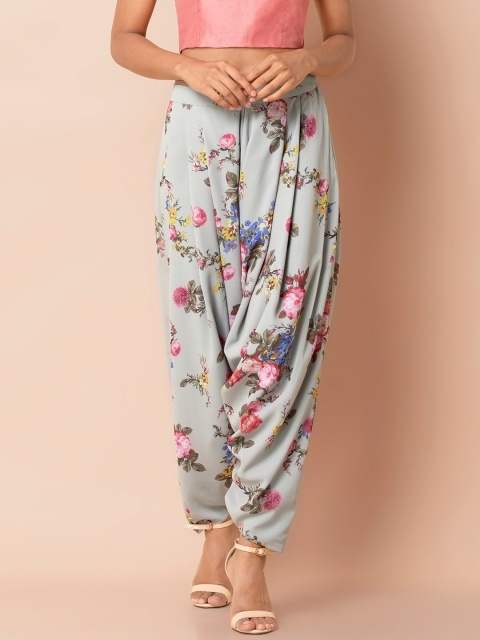 

INDYA Women Grey & Green Floral Printed Dhoti Pants