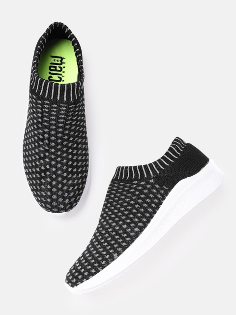 Women Black & Grey Woven Design Slip-On Sneakers