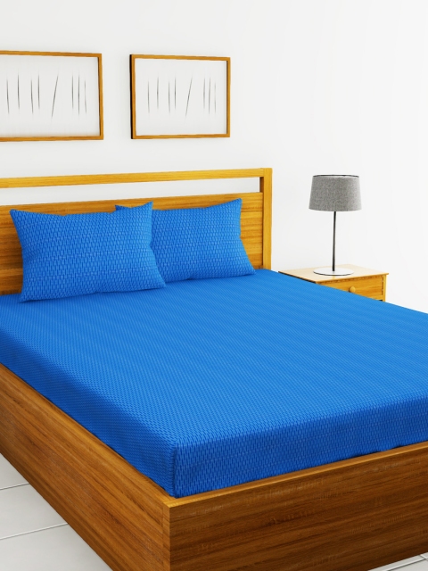 BIANCA Blue & Turquoise Blue Solid 144 TC Cotton 1 King Bedsheet with 2 Pillow Covers