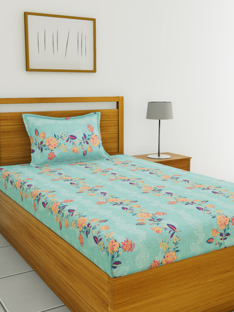 

BIANCA Turquoise Blue & Orange Floral 110 TC Cotton 1 Single Bedsheet with 1 Pillow Covers