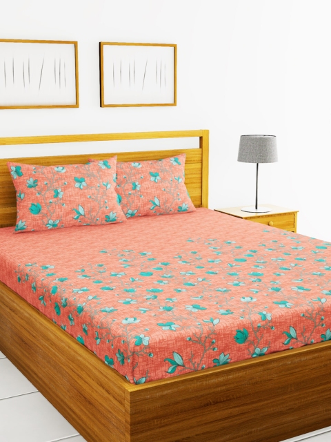 

BIANCA Peach-Coloured & Orange Floral 180 TC Cotton 1 King Bedsheet with 2 Pillow Covers
