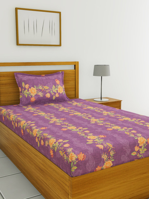 

BIANCA Purple & Orange Floral Print 110 TC Cotton 1 Single Bedsheet with 1 Pillow Cover