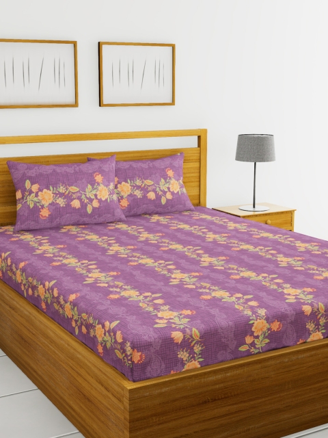 

BIANCA Purple & Orange Floral 110 TC Cotton 1 Queen Bedsheet with 2 Pillow Covers