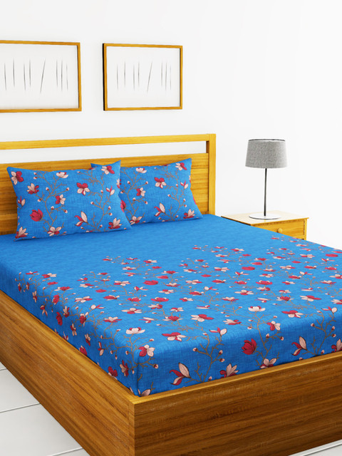 

BIANCA Blue & Maroon Floral 180 TC Cotton 1 King Bedsheet with 2 Pillow Covers