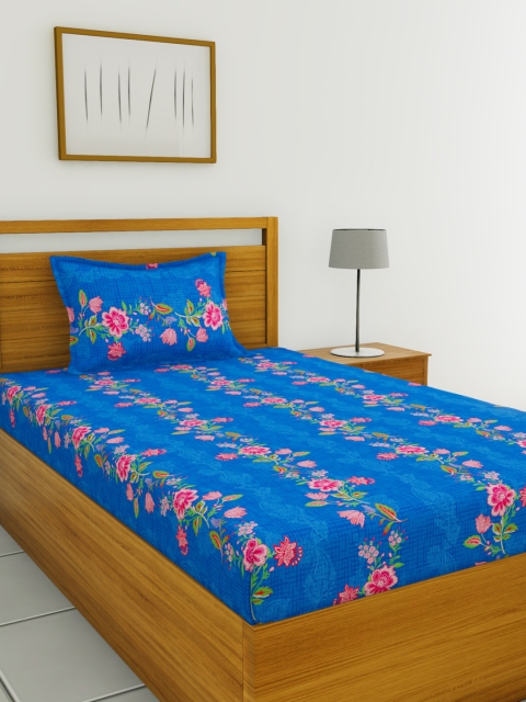 

BIANCA Blue Floral 110 TC Cotton 1 Single Bedsheet with 1 Pillow Cover