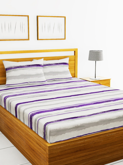 

BIANCA Grey & Purple Striped 180 TC Cotton 1 King Bedsheet with 2 Pillow Covers