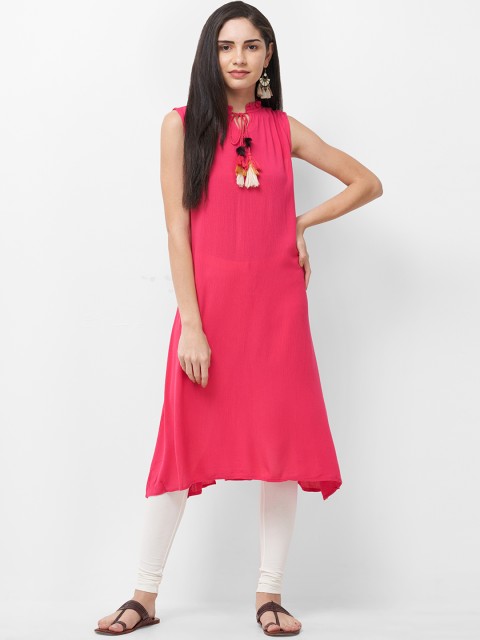

Fusion Beats Women Pink Solid A-Line Asymmetric Kurta