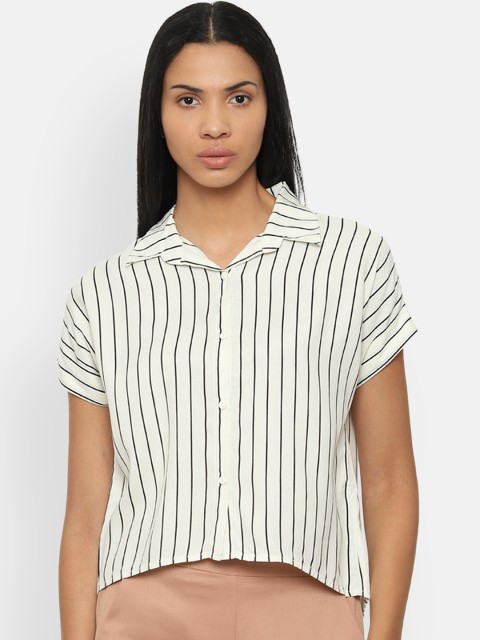 

Van Heusen Woman Women Cream-Coloured & Black Regular Fit Striped Casual Shirt