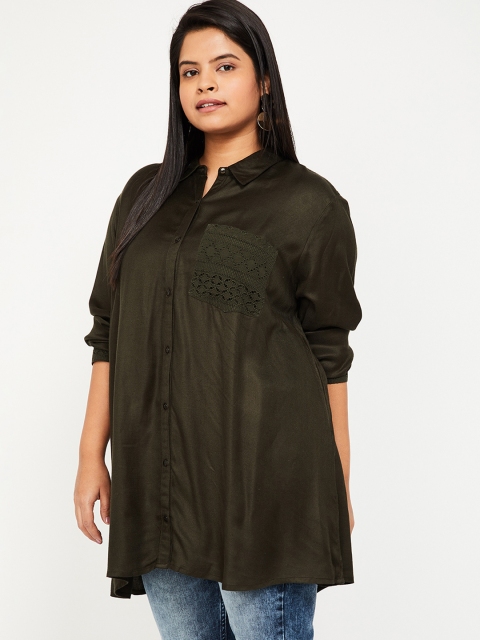 

nexus Plus Size Women Olive Green Regular Fit Solid Casual Shirt