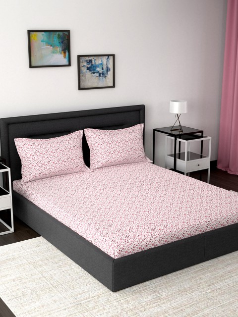

MASPAR White & Red Floral 160 TC Cotton 1 Queen Bedsheet with 2 Pillow Covers
