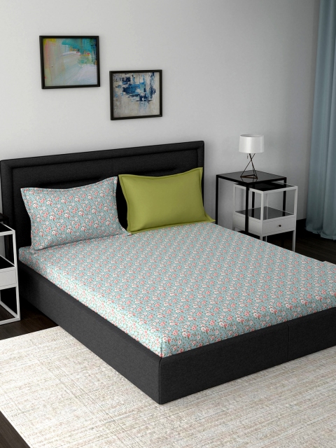 

MASPAR Blue & Pink Floral 210 TC Cotton 1 King Bedsheet with 2 Pillow Covers