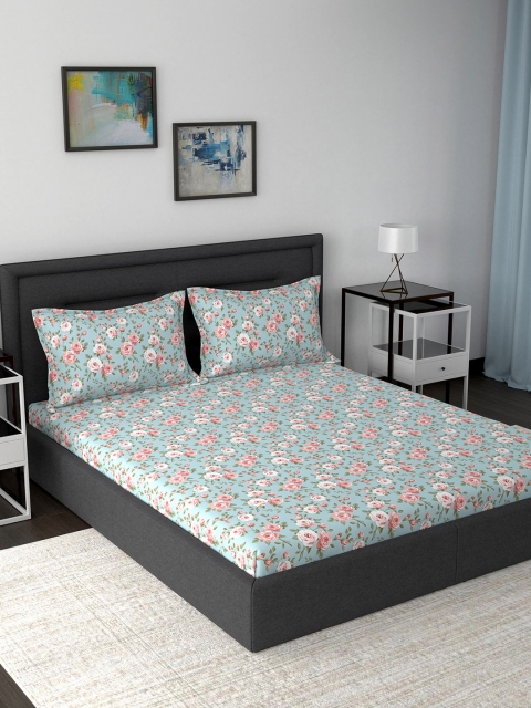 

MASPAR Blue & Pink Floral 210 TC Cotton 1 Queen Bedsheet with 2 Pillow Covers