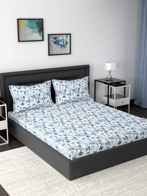 

MASPAR Blue & White Geometric 210 TC Cotton 1 Queen Bedsheet with 2 Pillow Covers