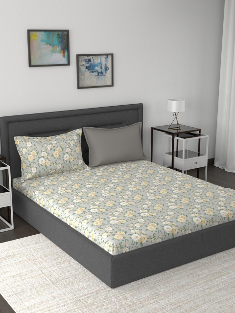 

MASPAR Grey & Yellow Floral 210 TC Cotton 1 King Bedsheet with 2 Pillow Covers