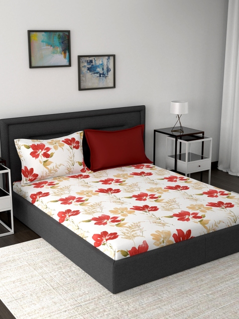 

MASPAR White & Red Floral 210 TC Cotton 1 King Bedsheet with 2 Pillow Covers