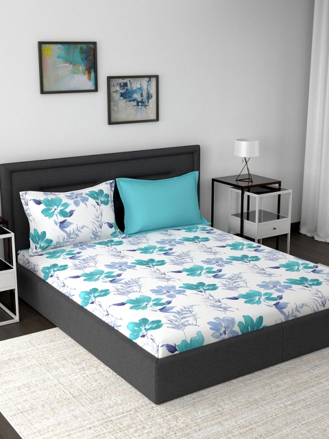 

MASPAR Blue & White Floral 210 TC Cotton 1 King Bedsheet with 2 Pillow Covers